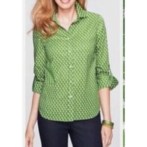 Talbots Petites Green Dog Print Cotton Button Down Shirt 14P